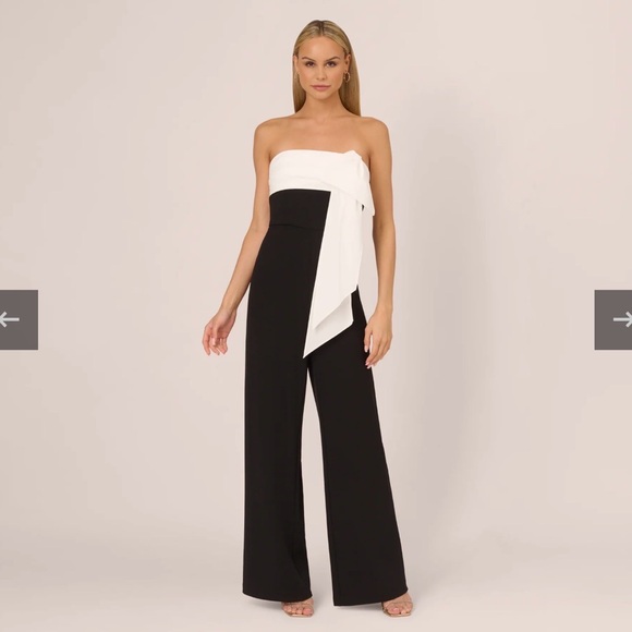 Adrianna Papell Colorblock Crepe strapless jumpsuit with bow. Size 10 - Picture 3 of 16